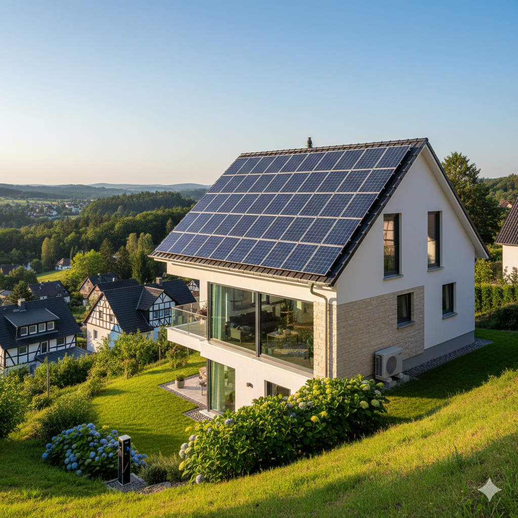 Immobilienmakler zeigt Kundin auf einem Balkon im Taunus moderne energetische Merkmale wie PV-Anlage und E-Ladestation.