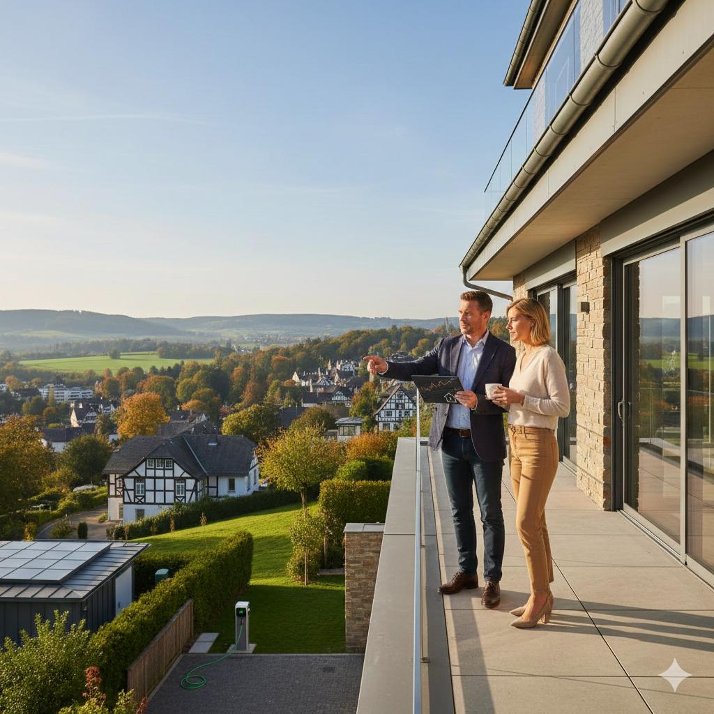 Immobilienmakler berät Kundin auf einem Balkon in Königstein Taunus über die Marktentwicklung 2026.